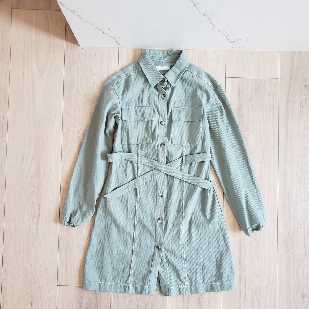Reserved Shirt Dress Girls 152 Sage‎ Green Button Down Utility Safari Midi